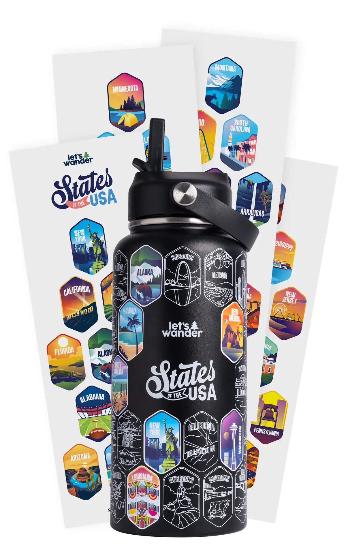 Lets Wander™ 50 States Of The USA Water Bottle + Stickers