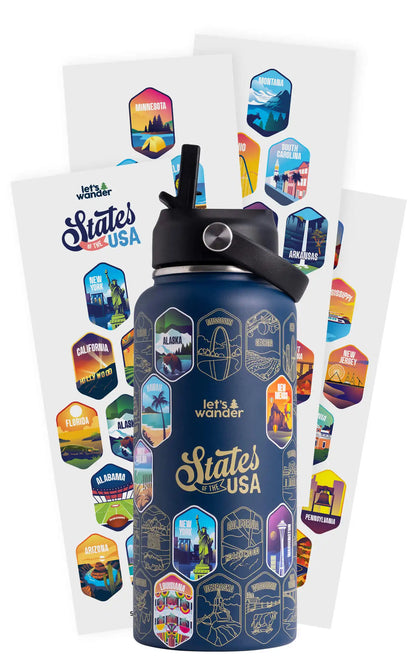 Lets Wander™ 50 States Of The USA Water Bottle + Stickers