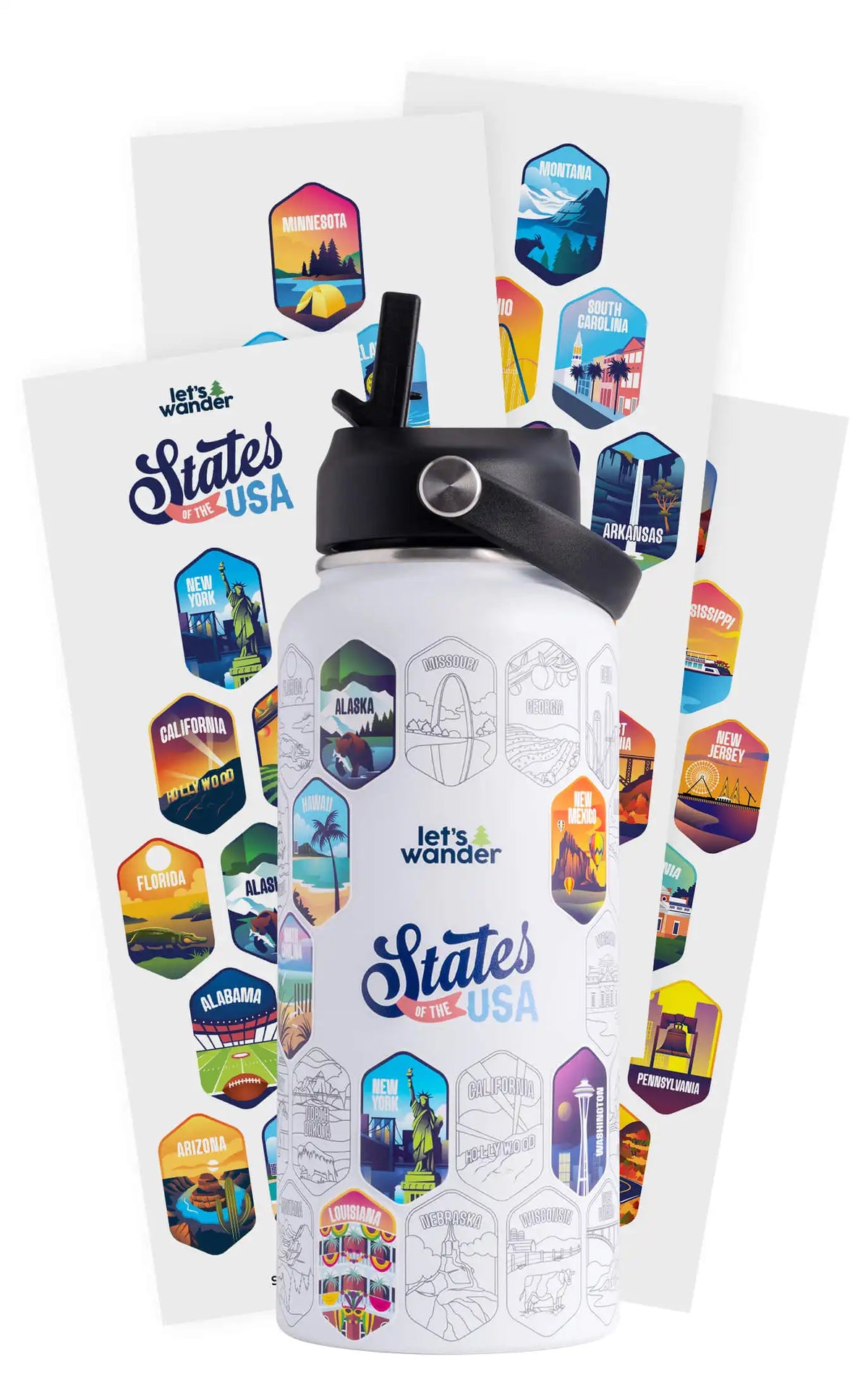 Lets Wander™ 50 States Of The USA Water Bottle + Stickers
