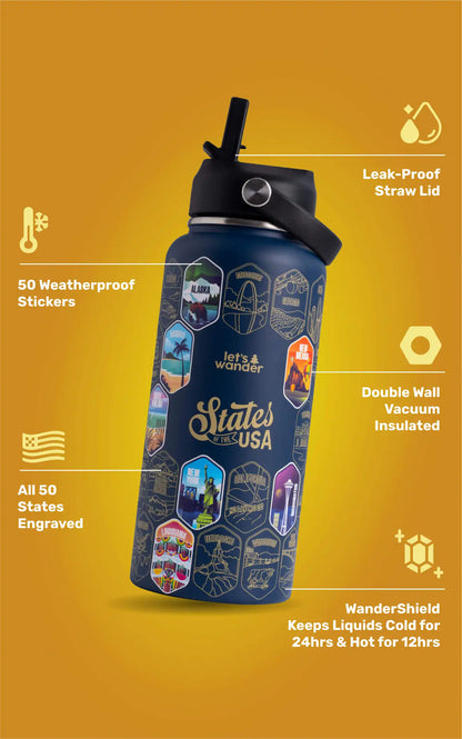 Lets Wander™ 50 States Of The USA Water Bottle + Stickers
