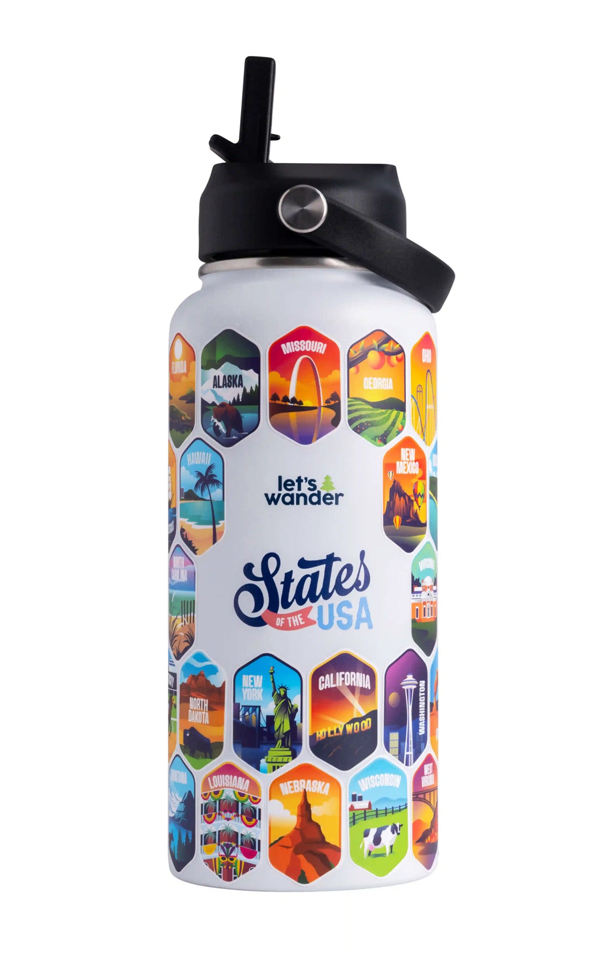 Lets Wander™ 50 States Of The USA Water Bottle + Stickers